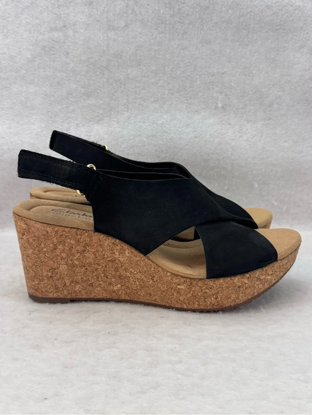 NWT Clark’s Annadel Eirwyn Black Suede Nubuck Cork Wedge Sandals size 7.5